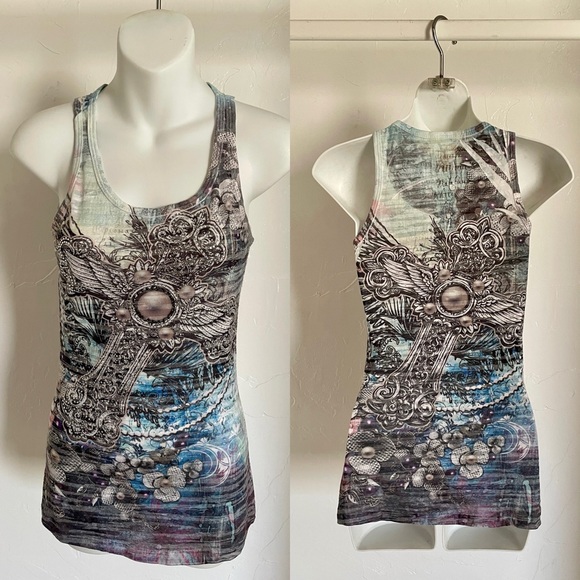 VINTAGE Y2K Sublimation PEARLS and RHINESTONES Tank TOP S/M - Picture 9 of 11